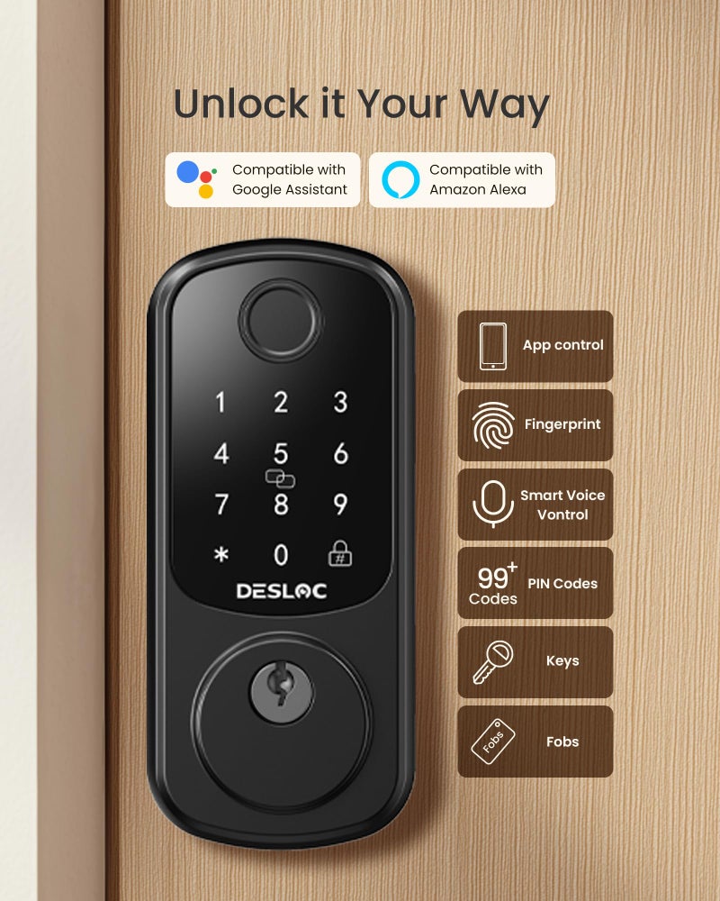 DESLOC Smart Lock B200 إصدار WiFi بصمة الإصبع بدون مفتاح قفل باب الدخول تطبيق التحكم عن بعد أقفال ذكية للباب الأمامي WiFi Deadbolt Smart Lock منفذ طاقة الطوارئ 12 شهرًا قفل تلقائي للبطارية - Image 2